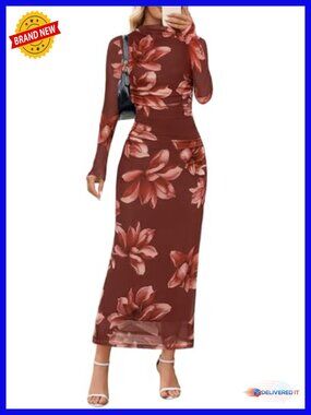 Long Sleeve Bodycon Floral Mesh Maxi Dress Wedding Guest Cocktail Party